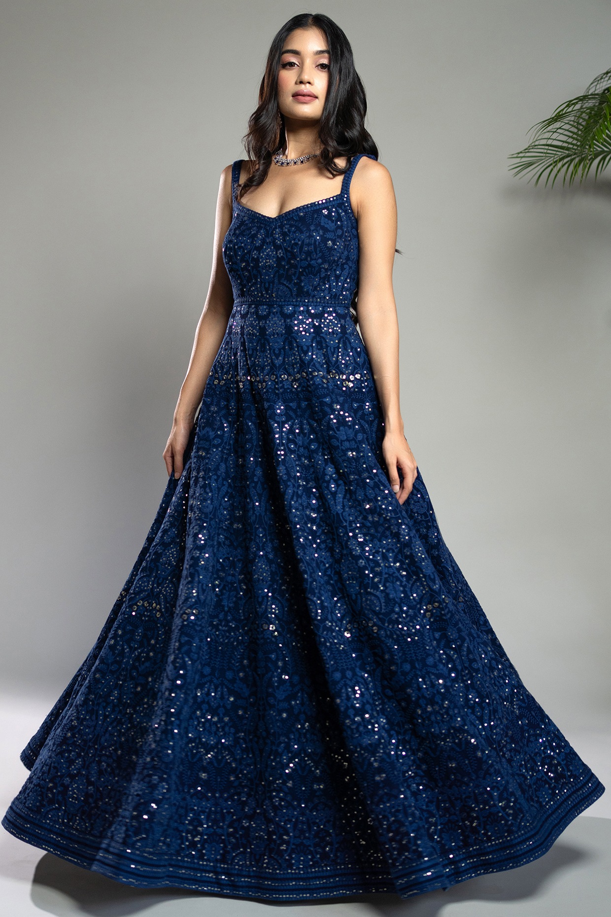 Royal Blue Sequin Top Floor Length Ball Gown Prom Dress
